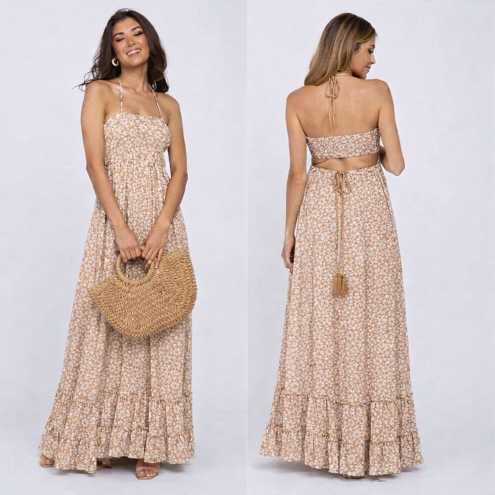 NEW! Sweet Lovely by Jen Backless Floral Halter Sundress Maxi Tan White S